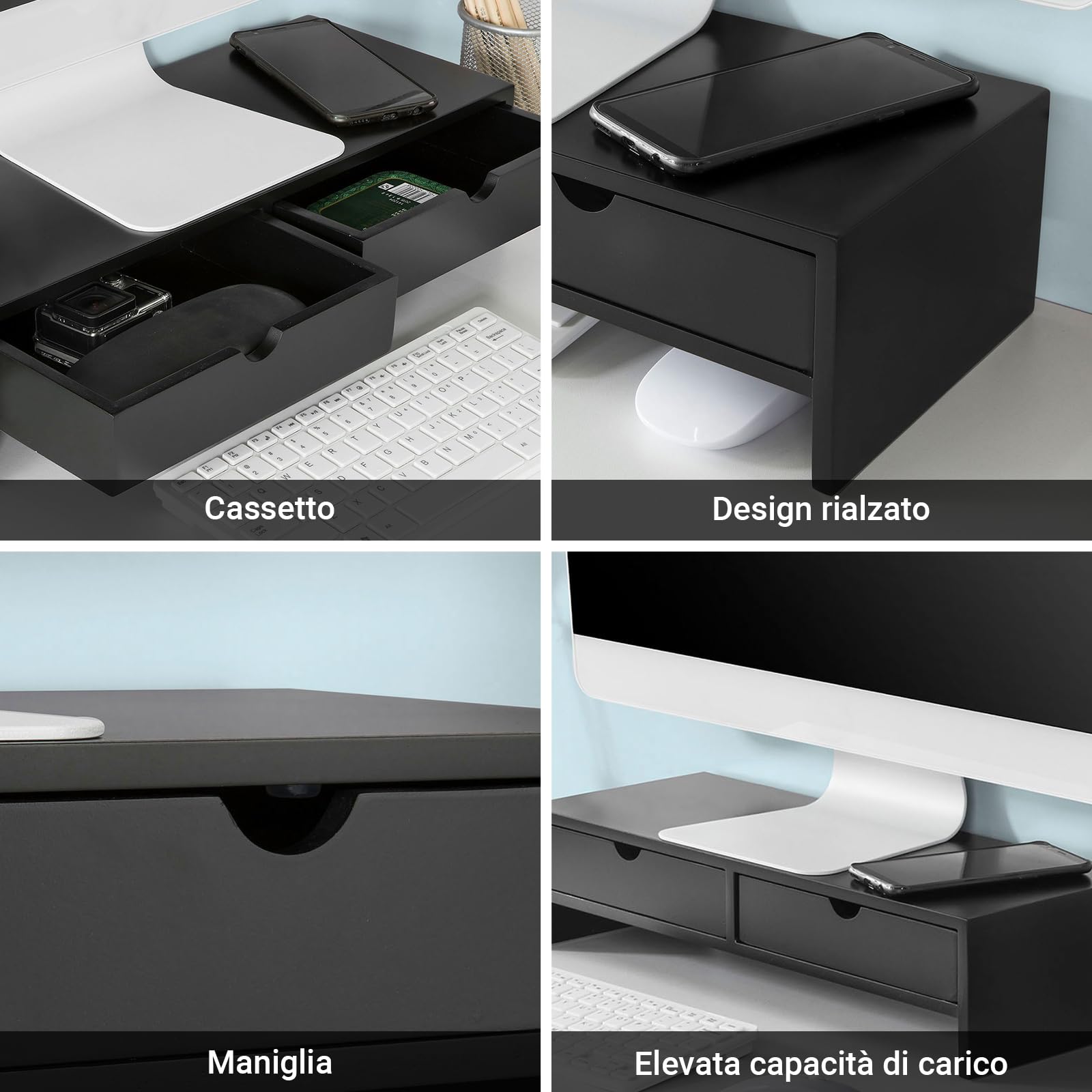 SoBuy Supporto Monitor Scrivania con 2 Cassetti Rialzo Monitor da Scrivania Supporto PC Laptop Stand per Ufficio o Casa Altezza 11cm Nero 47x18x11cm BBF02-SCH