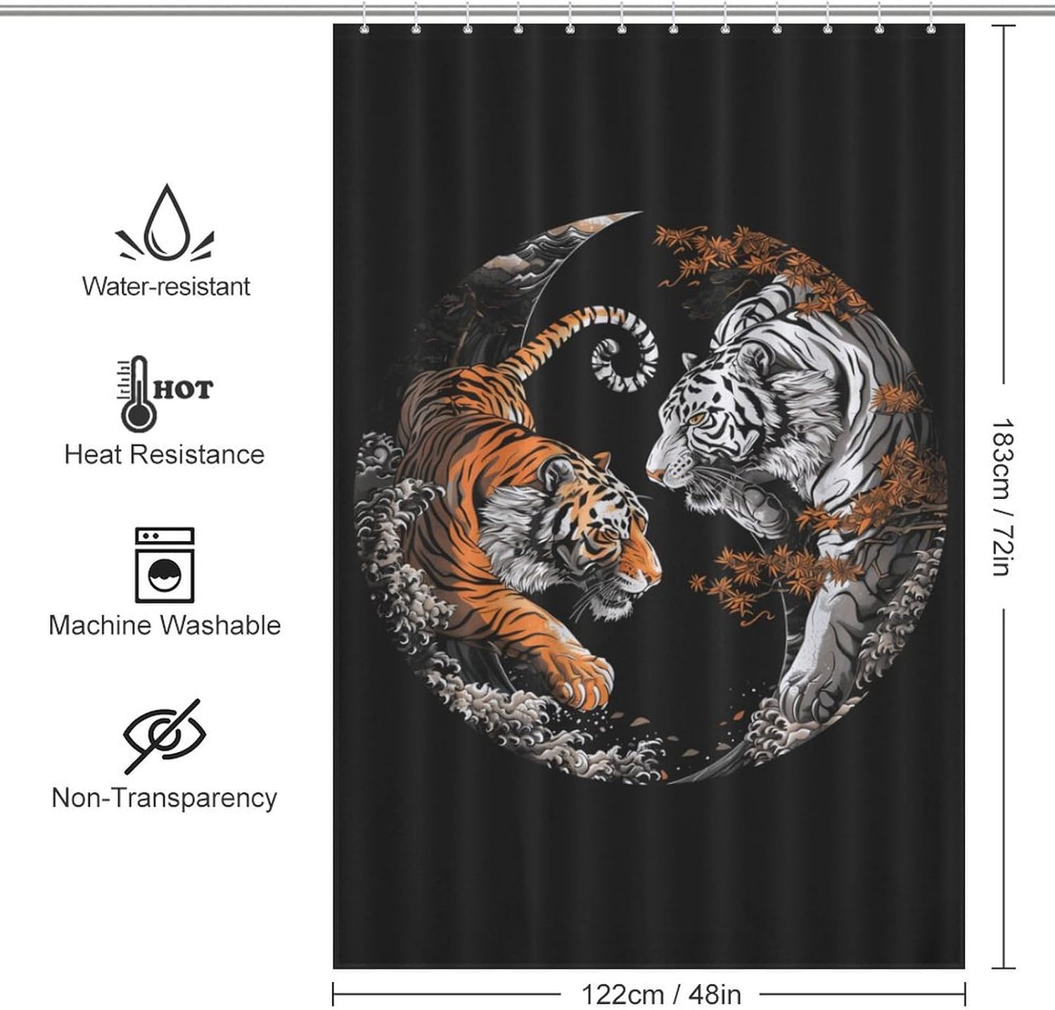 Yin and Yang Orange Tiger White Funny Shower Curtains Washable Bath Curtain Liner with Hooks for Bathroom Bath Tubs 48x72Inch（122x183cm）