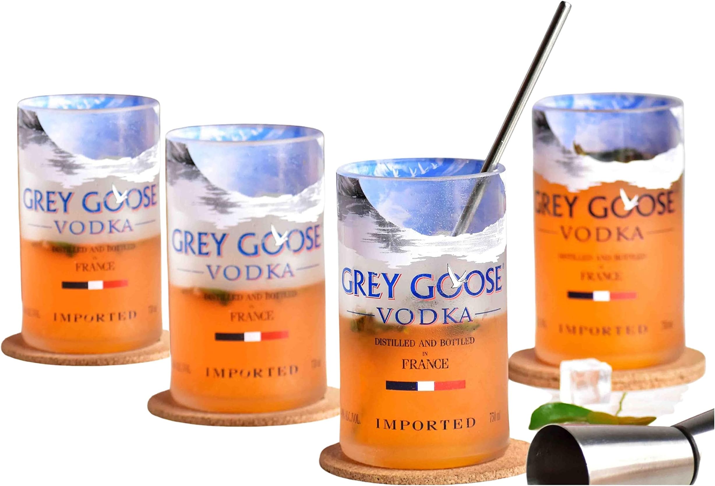 Recycled Grey Goose Glasses, Pack of 4pcs, 300ml Each, 6.85 cm Dia, Upcycled & Eco-Friendly Bottle Glasses for Juice Drink