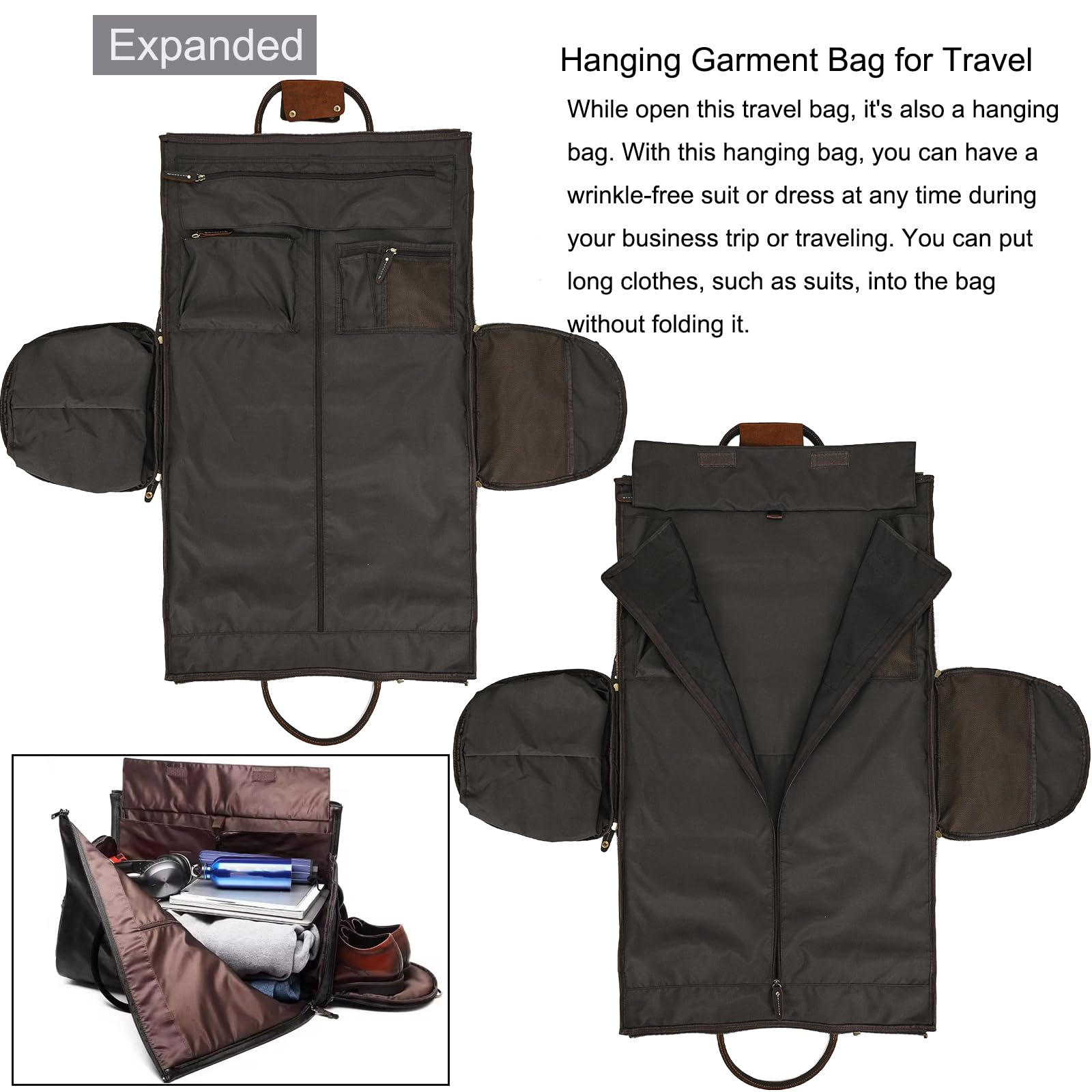 LUUFAN Echtes Leder Garment Bag Großes Fassungsvermögen Reisetasche Business Suit Carrier Bag mit Schuhfach, Männer Frauen Duffel Taschen für Overnight Gym Sports Weekend, Schwarz