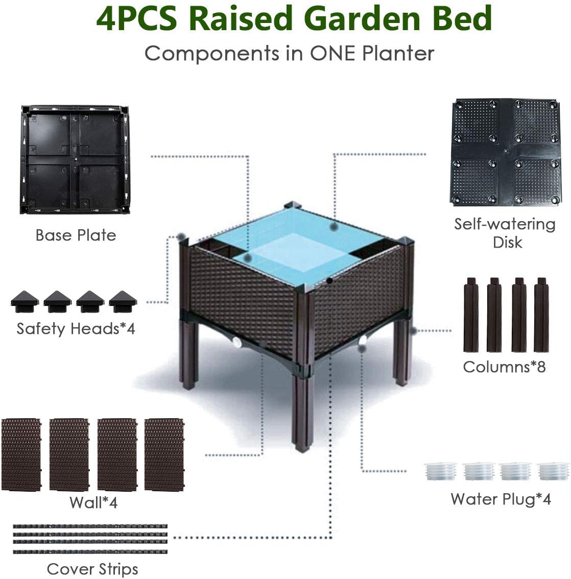 Giantex Raised Garden Bed, Set of 4 Planter Raised Beds Kits with Drain Holes for Fruit Flowers Vegetables, Outdoor Elevated Planting Box for Lawn Patio Balcony, Easy Assembly, Rattan-Like Look, Brown