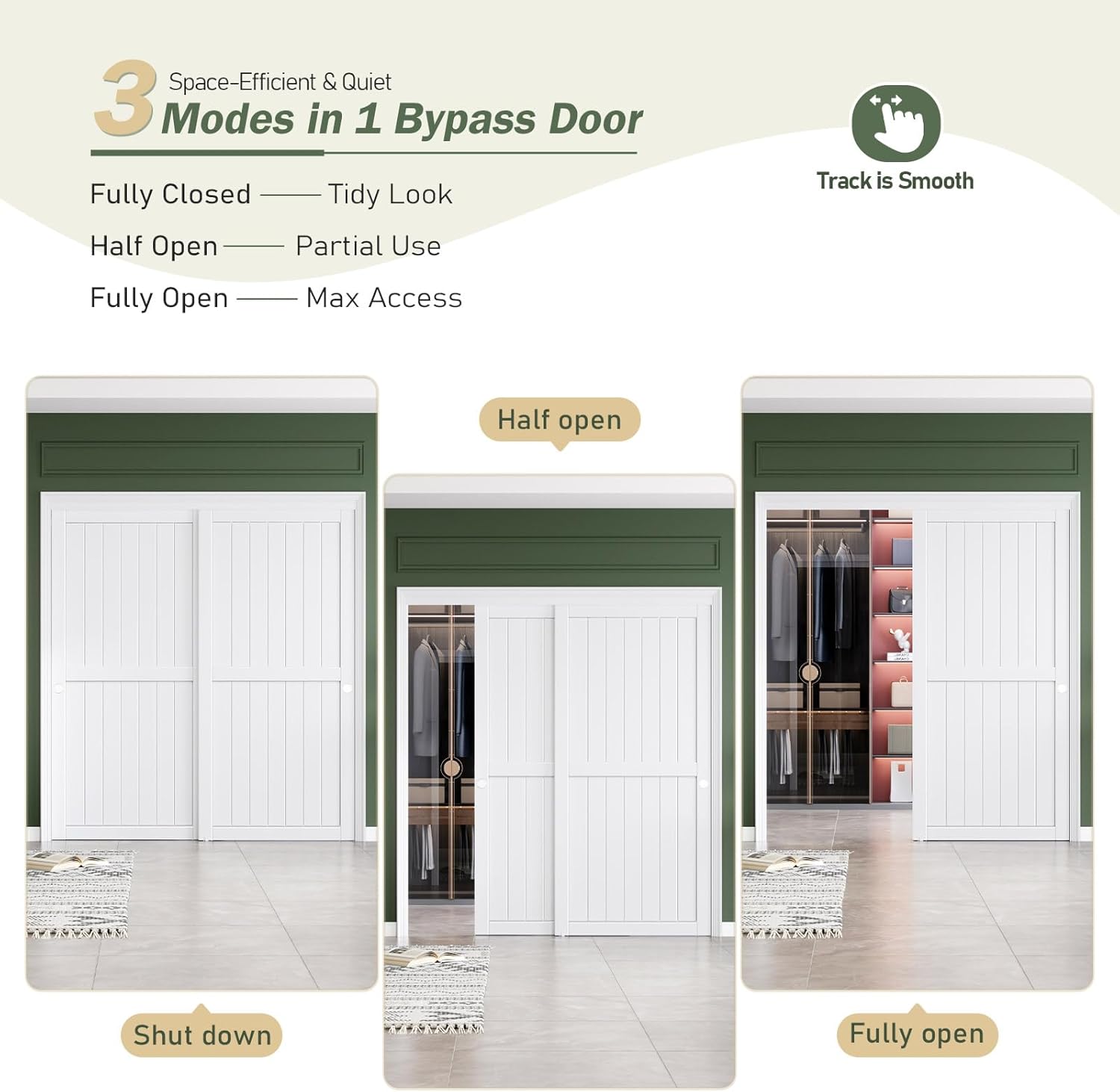 Three images showing the bypass door in fully closed, half open, and fully open positions.