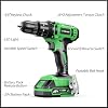 Taladro inalámbrico de 20V, set de taladro eléctrico con cargador de batería y maletín de transporte, mandril sin llave de 3/8", 2 velocidades variables, 18+3 torque, 72 piezas de puntas y gancho de cinturón, verde 7
