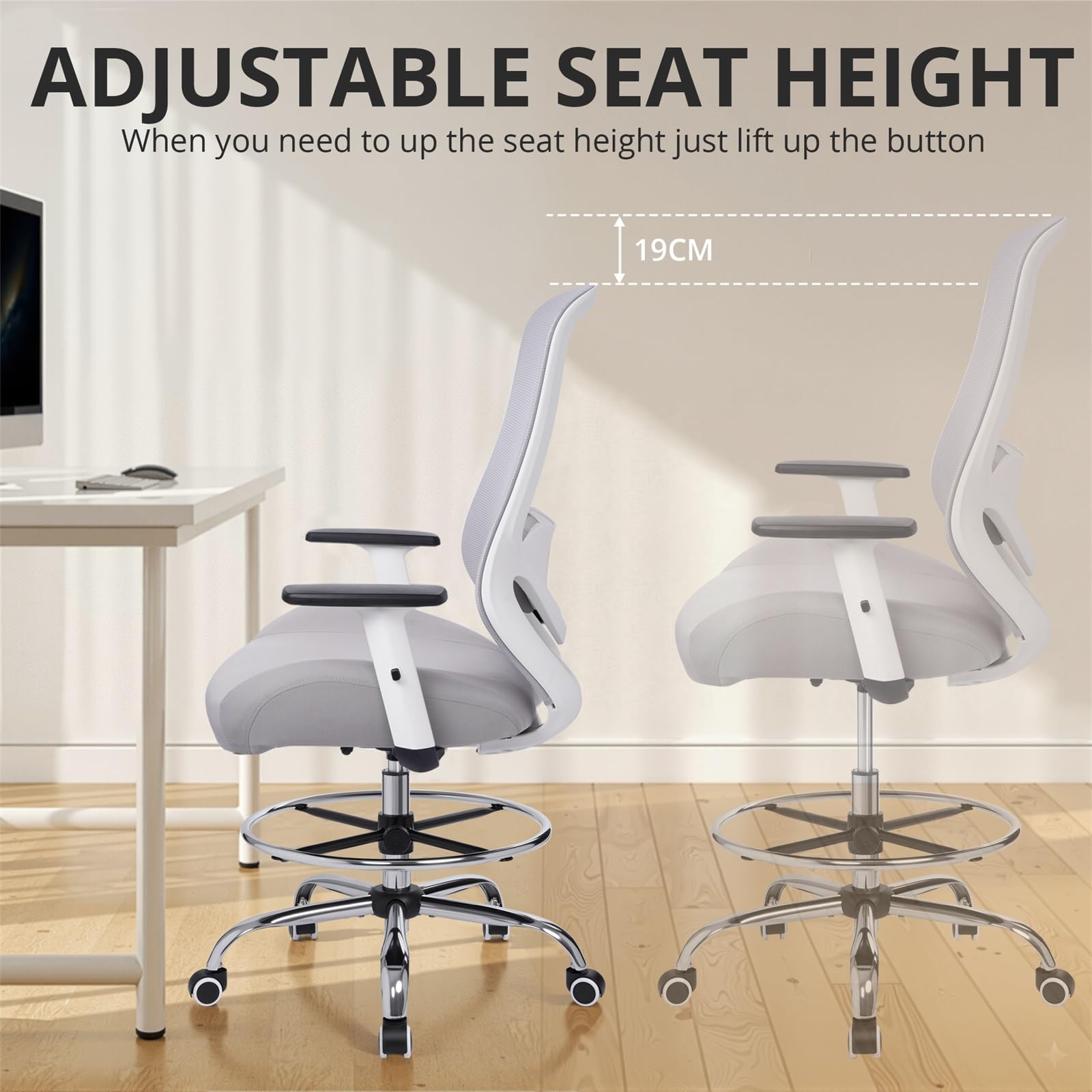 HYLONE 400lbs Drafting Chair,Adjustable High Back Computer Office Chair with Lumbar Support Standing Desk Chair Heavy Duty Big Tall Drafting Stool for Artists with Adjustable Footrest