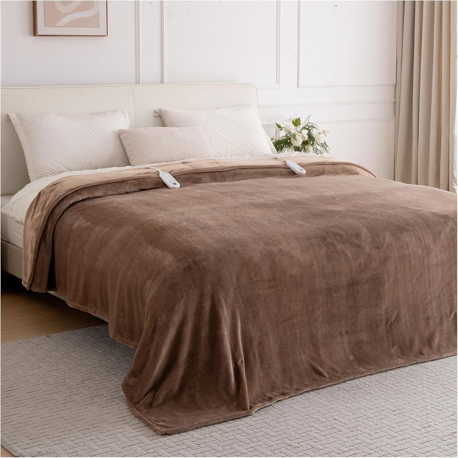 Electric Blanket King Size, Ultra Soft Flannel Heated Blanket for Full Body, Dual Control Heating Blankets with 10 Hours Automatic Shut Off, 8 Heating Levels, Washable, Double Zone, 100" x 90" Brown