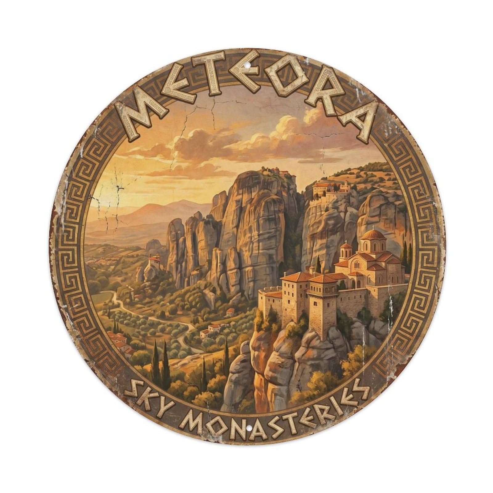 Vintage Travel Meteora Greece Cliffs Metal Tin Sign