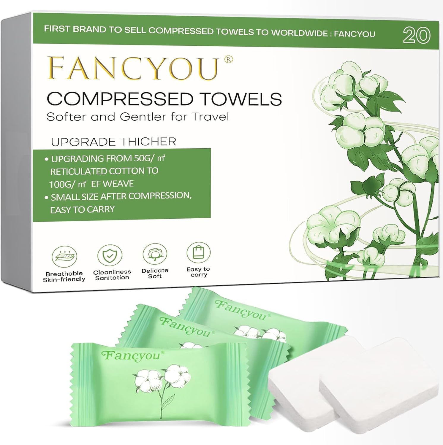 Fancyou Large Compressed Disposable Face Towel, Thicken Washcloth Compact Portable Cotton Wipes Tablets, Facial Cleansing Cloths Towelettes for Travel Camping Hiking Outdoor Beauty Salon(20PCS Green)