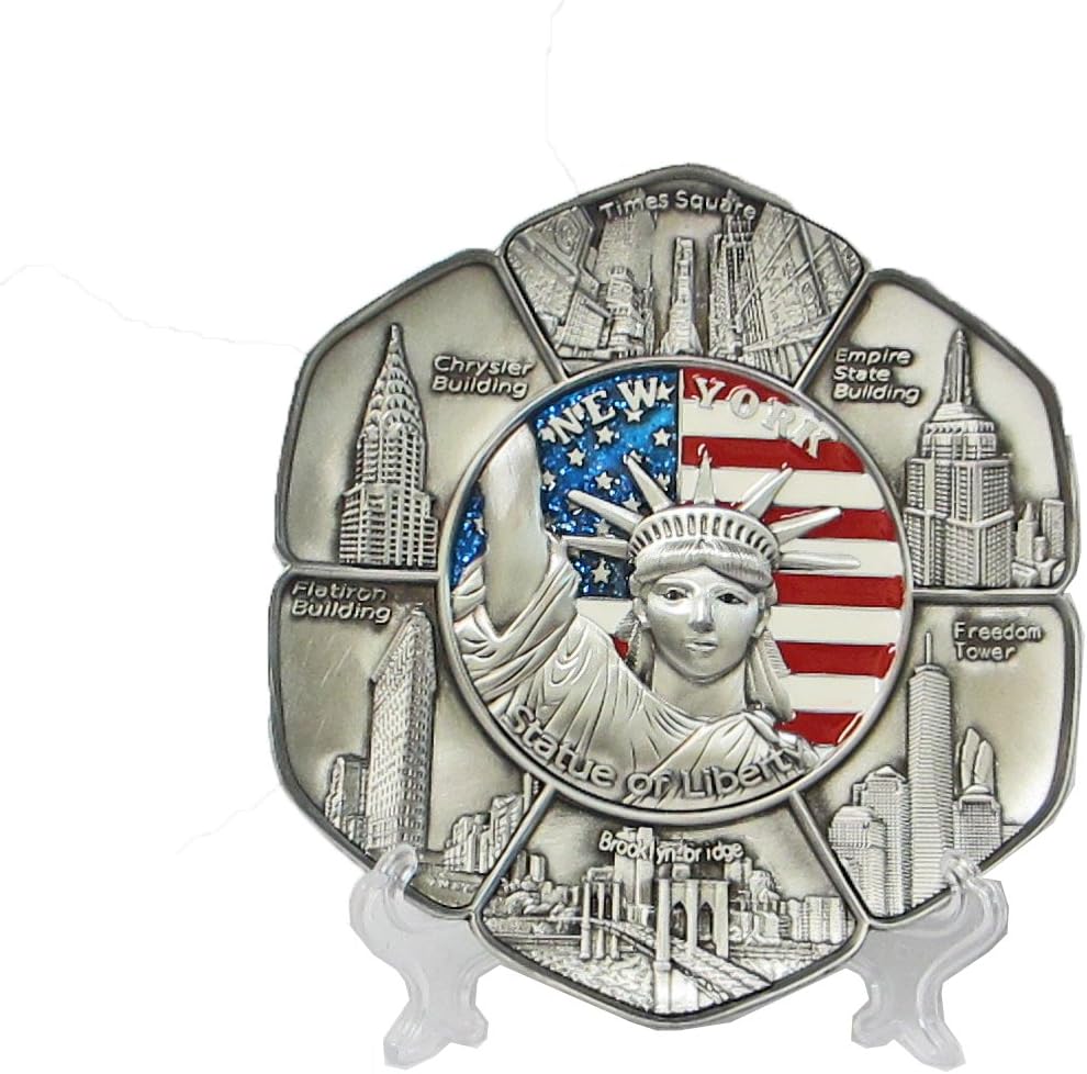 New York Souvenir Gifts Metal Plate with Statue of Liberty Manhattan Empire State Building Brooklyn Bridge Freedom Tower Wall Street Bull Comes in 3 Sizes (4" Diameter)