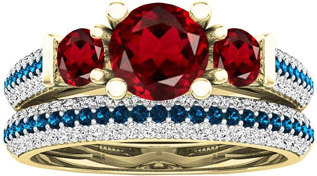 Dazzlingrock Collection Round Garnet with Blue & White Diamond 3 Stone Engagement Ring Set (5.5mm Centre Stone) for Women in 10K Solid Gold