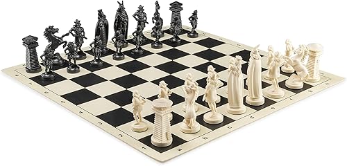 Juego de ajedrez vikingo, tablero de ajedrez B/W, tamaño 17,3" + piezas de ajedrez vikingo 3,75" B/N