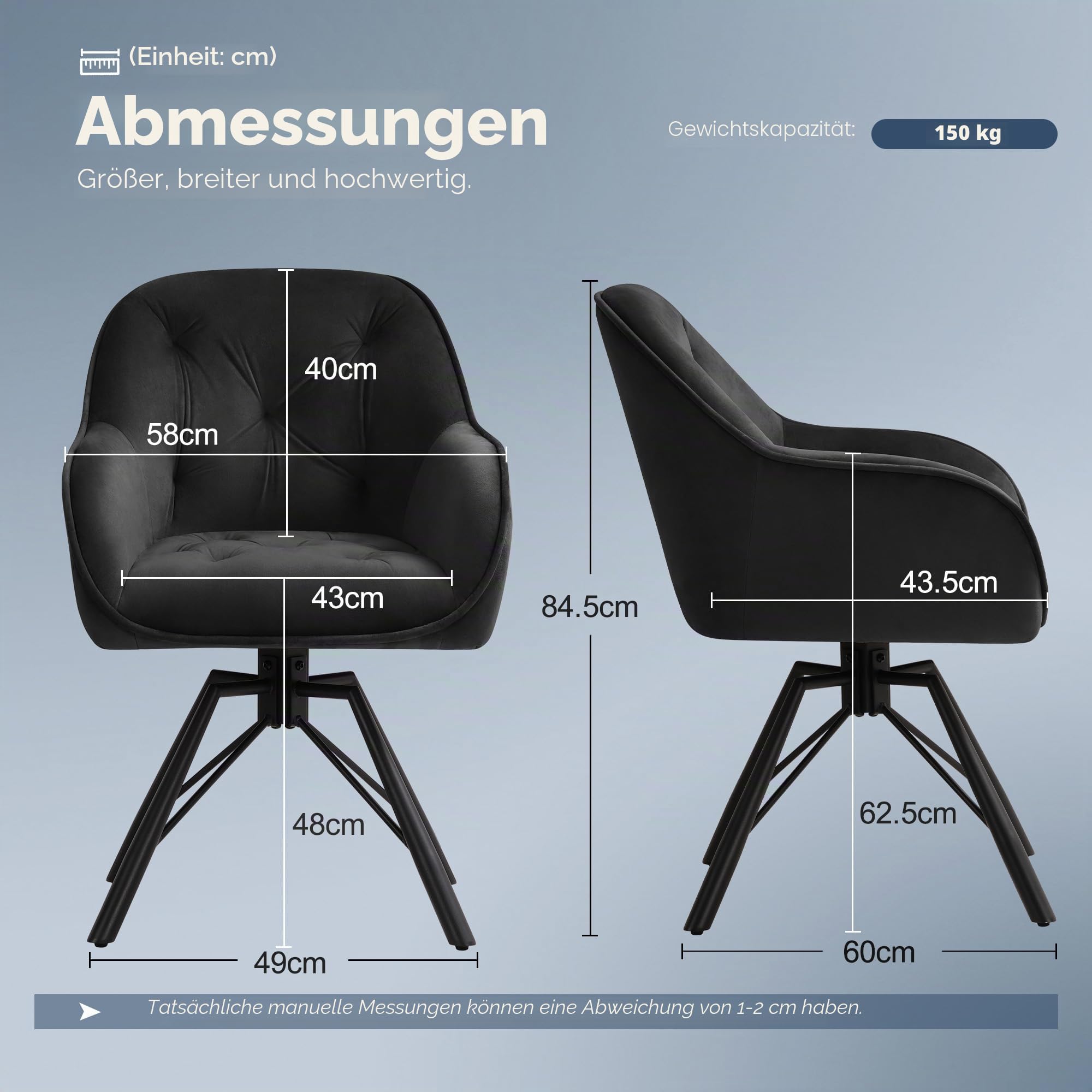 ELUCHANG Esszimmerstühle 2er Set, 360°Drehbar, Mehrschichtiger Dicker Schaumstoff Stuhl mit Hohen Armlehnen, Schwarz Samt, Gekreuztes Metallgestell bis 150KG, für Schlafzimmer Küche Wohnzimmer