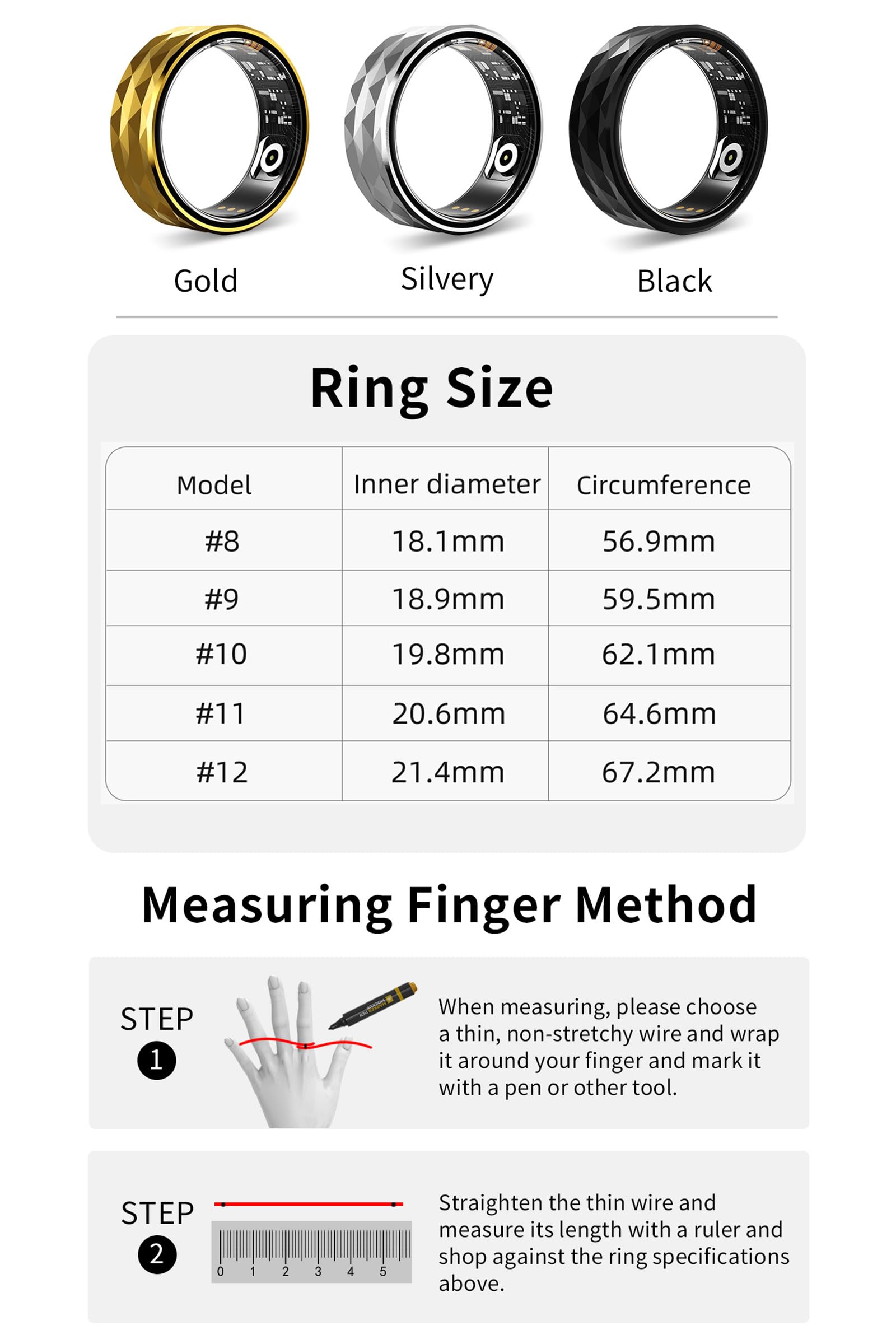 findtime Smart Ring Android Smartringe für Damen Herren Fitness Tracker Ring Pulsmesser iOS Smartring Fitness Ring Tracker Finger Schlaftracker Gesundheits Tracker Schrittzähler Kalorien Silber
