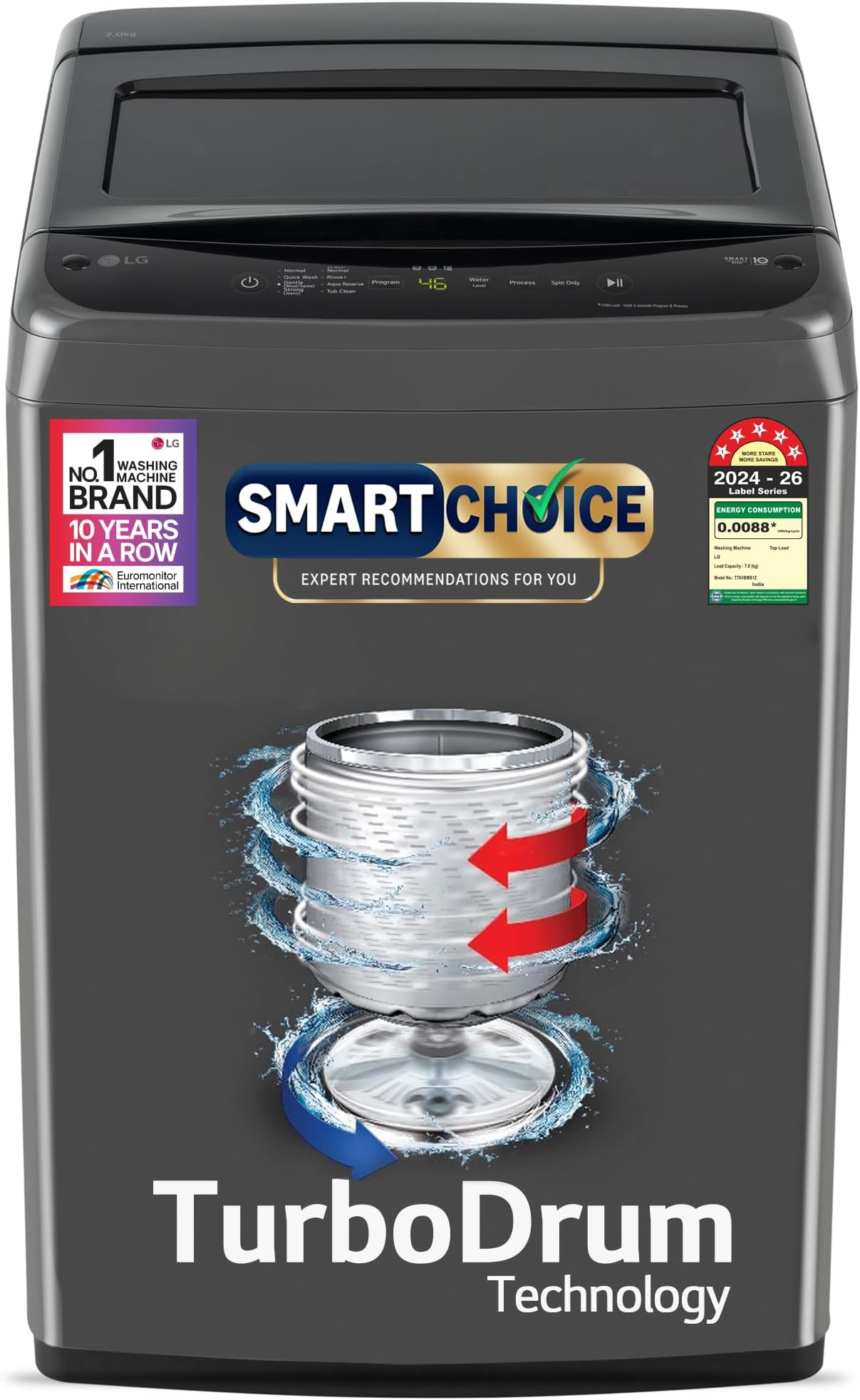 LG 7 Kg 5 Star Smart Inverter Technology Fully Automatic Top Load Washing Machine (T70VBMB1Z, Auto Prewash, Turbodrum, Stainless Steel drum, LED Display, Smart Diagnosis Middle Black)