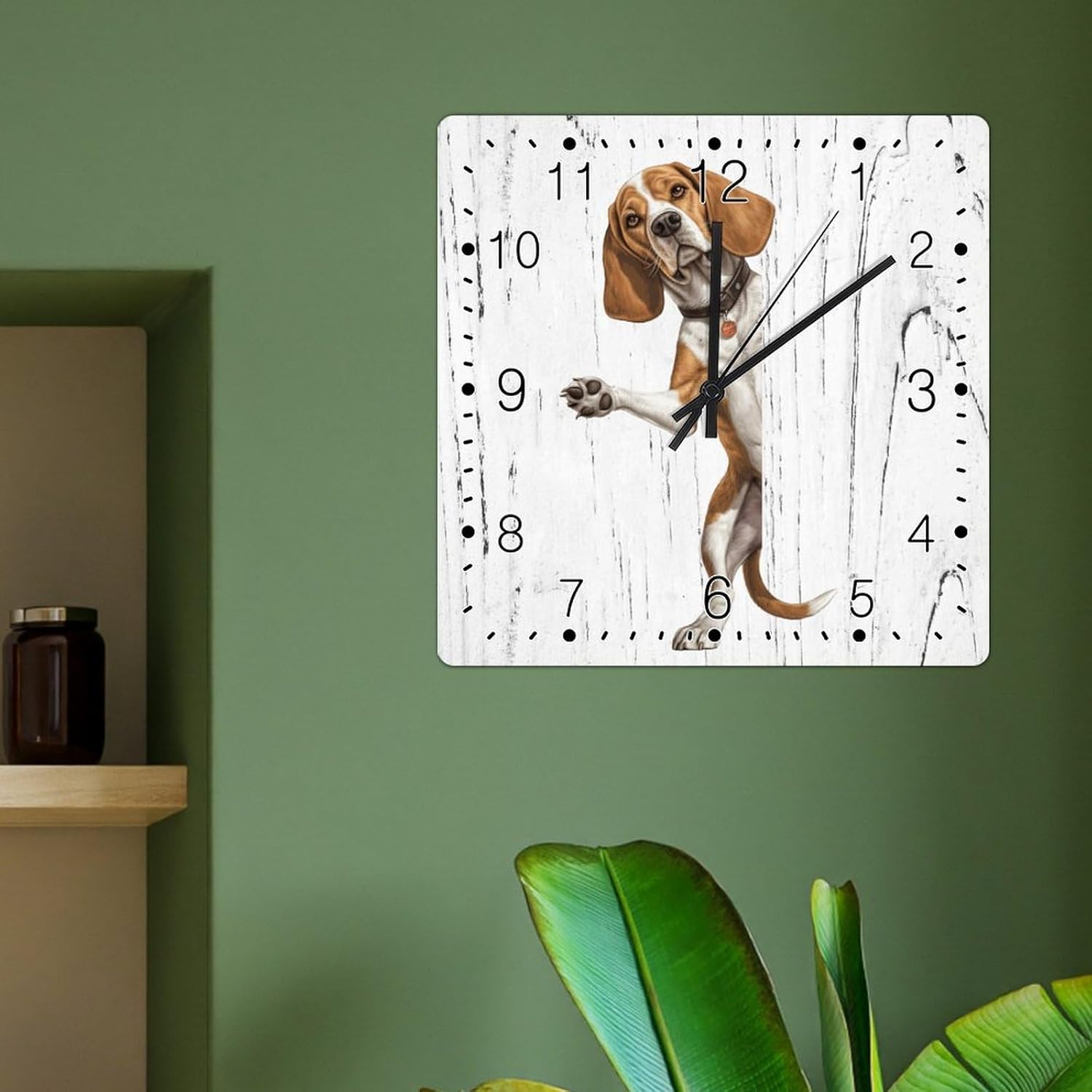 Clock Beagle Wooden Clock Beagle Dog Peeking ASquare Corner Wood Wall Clocks Non-Ticking Battery Operated Square Clock Gift for Dog Owner Clocks for Living Room 15x15in
