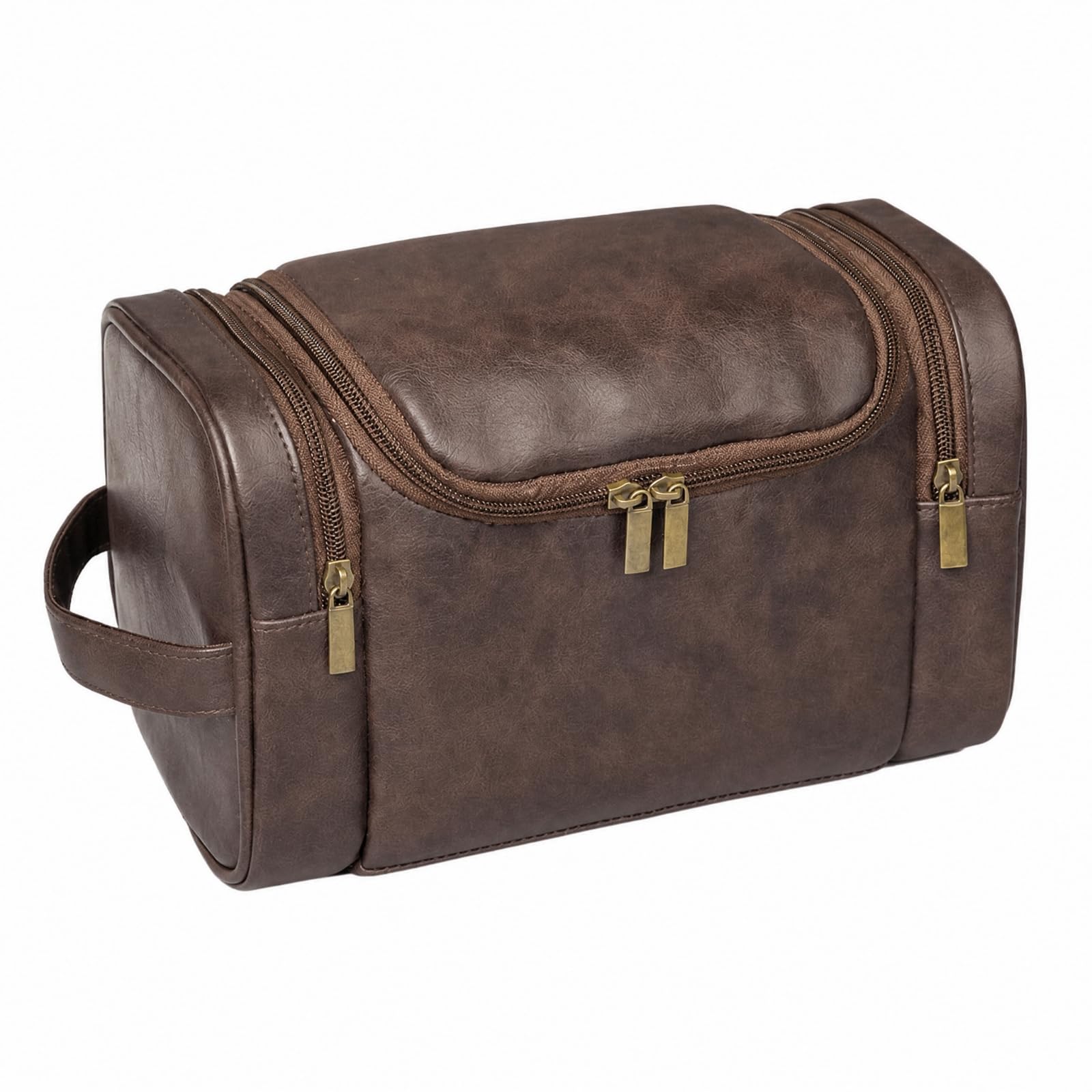 predolo Herren-Kulturbeutel aus PU Praktisch Dreilagige Reisewaschtasche Strukturiert Reisewaschtasche mit Haken für Alltag, Tea Brown