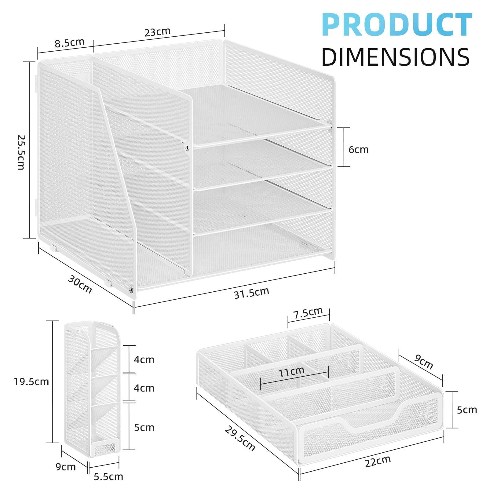 Marbrasse Métal Organiseur De Bureau,4 Niveaux Porte Documents avec Tiroir,Plateau Multifonctionnel pour Papiers Courriers avec Porte-Stylo,pour Bureau,Maison(Blanc)