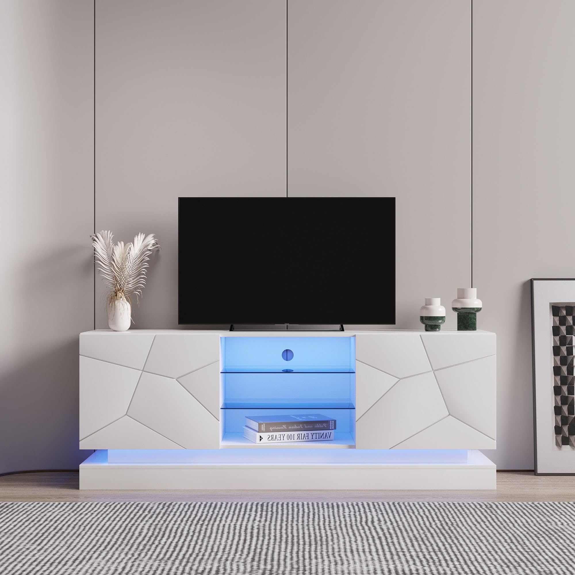 FammyLoft High Gloss TV Stand Unit, LED Entertainment Centre for TVs up to 70 Inch, Modern TV Cabinet with Storage Shelves and Cabinets, Media Console Table for Living Room, 160 * 38.5 * 60 cm, White