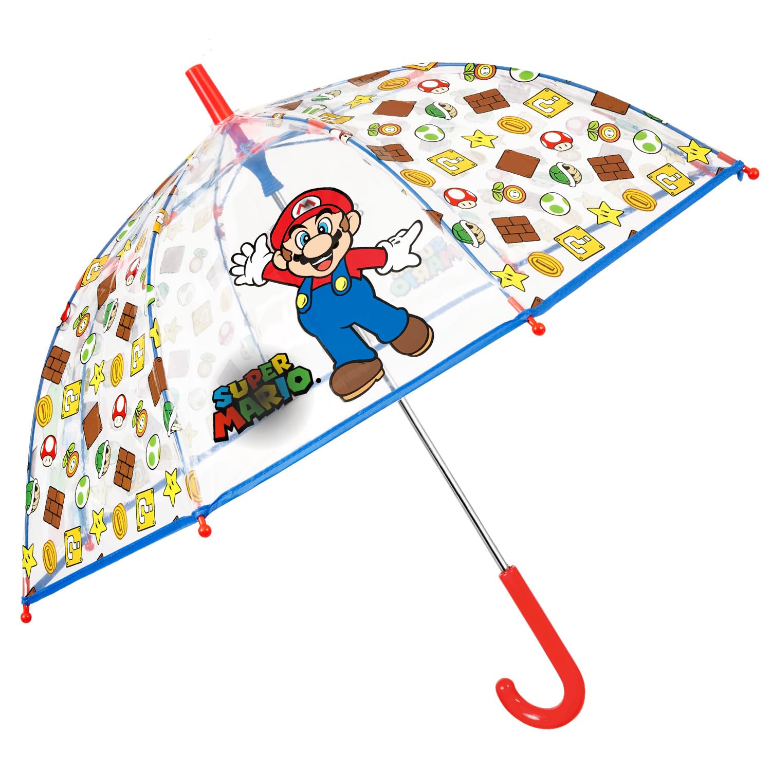 PERLETTI Ombrello Trasparente Super Mario Bambino 3 4 5 6 Anni - Ombrellino Bimbo Scuola Materna Apertura Manuale di Sicurezza - Ombrello Antivento Lungo Ultra Leggero Bambini - Diametro 69 cm