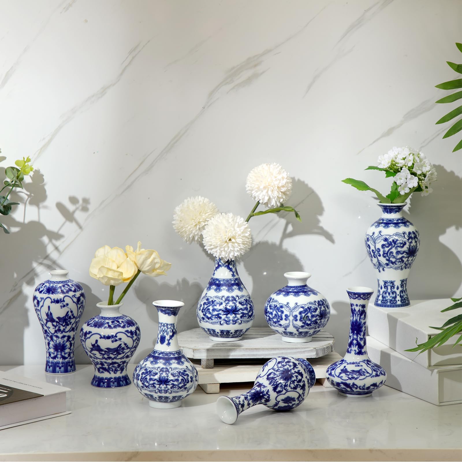 Dandat 8 Pcs Chinoiserie Bud Vases Ceramic Small Blue and White Floral Chinese Porcelain Vase Set for Shelf Table Centerpieces Home Decor(Fresh)