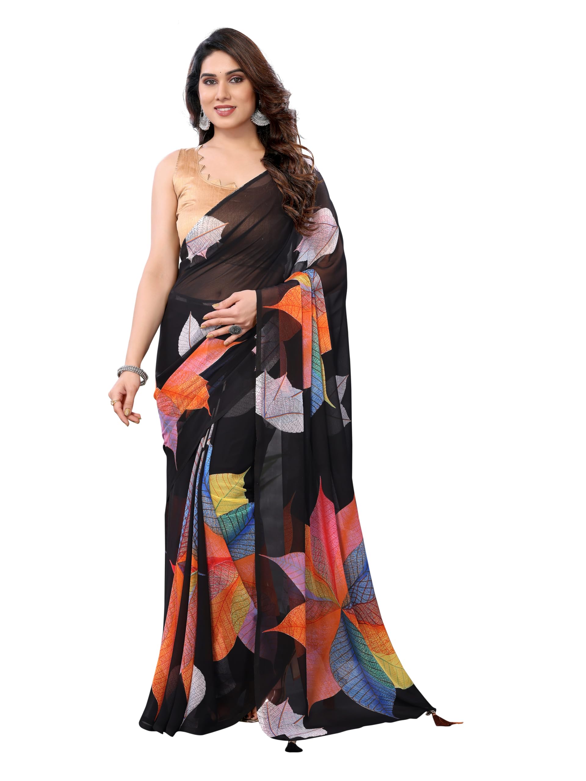 MOHIT CREATIONS Women's Party Wear Georgette Printed Border Ready To Wear Saree With Unstiched Blouse Piece