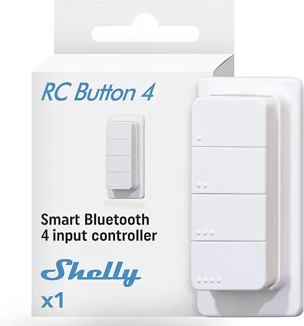Imagen relacionada con Shelly BLU RC Button 4 - Mando a distancia Bluetooth con soporte magnético, Control de dispositivos inteligentes, Inalámbrico, Fuerte encriptación, Múltiples clics, app iOS y Android