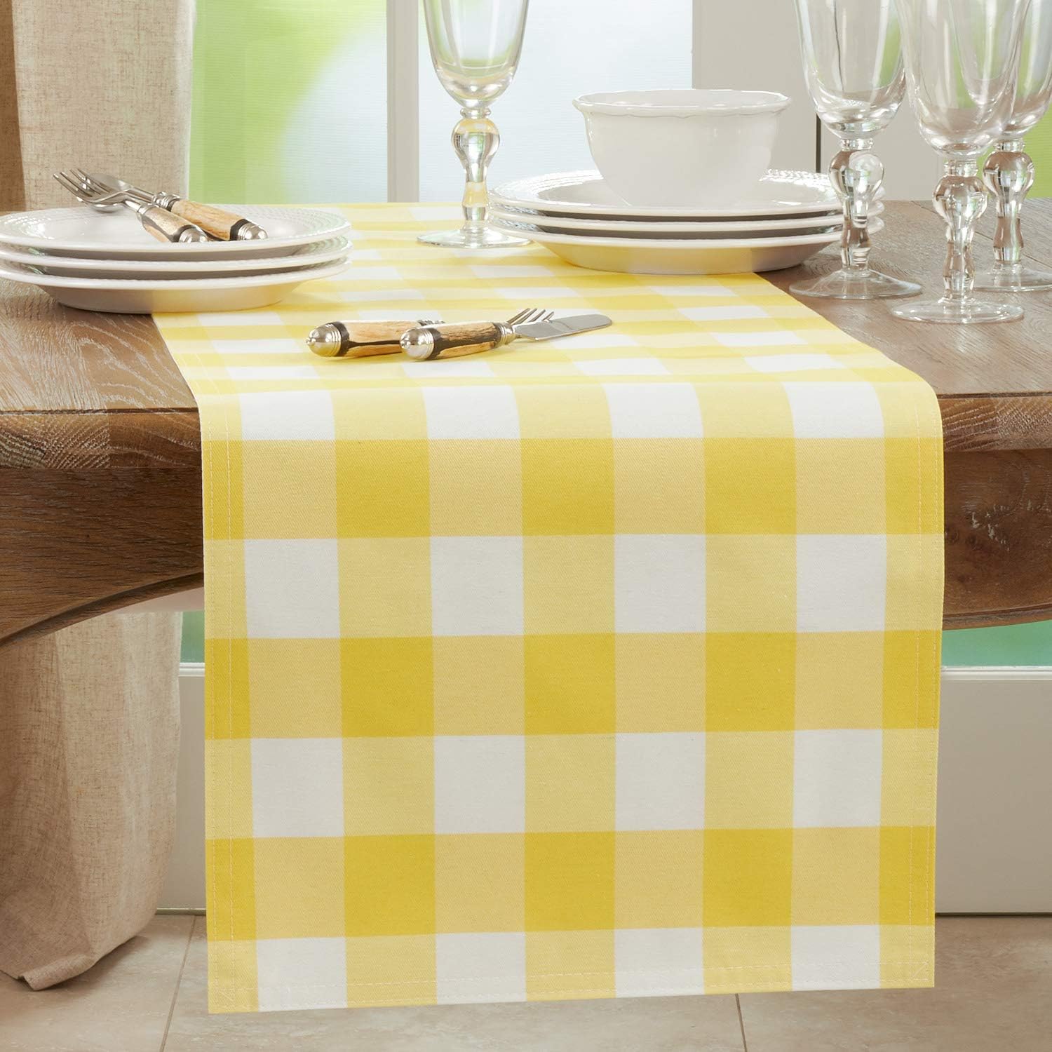 Fennco Styles Buffalo Plaid Collection Classic Checked Cotton Blend Table Runner - Yellow 16 x 120 Inch Table Runner for Banquets, Christmas, Special Events and Home Décor