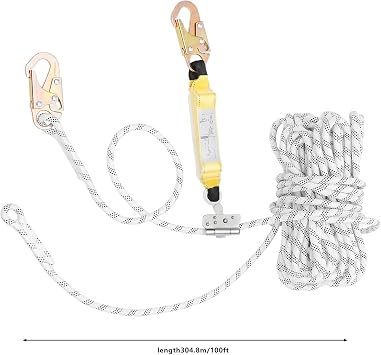 Fall Protection Rope 25 50 100 Ft, 3527 Lbs Load Capacity, Vertical Lifeline Assembly with Back Splice and Snap Hook, for Climbing, Logging, Inspections, Emergency and Rescue Services (100 ft)