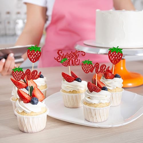 Miniatura 7 de Gyufise 24 piezas de decoración para cupcakes con purpurina para el primer cumpleaños de fresa para temática de frutas, baby shower, niños, primer