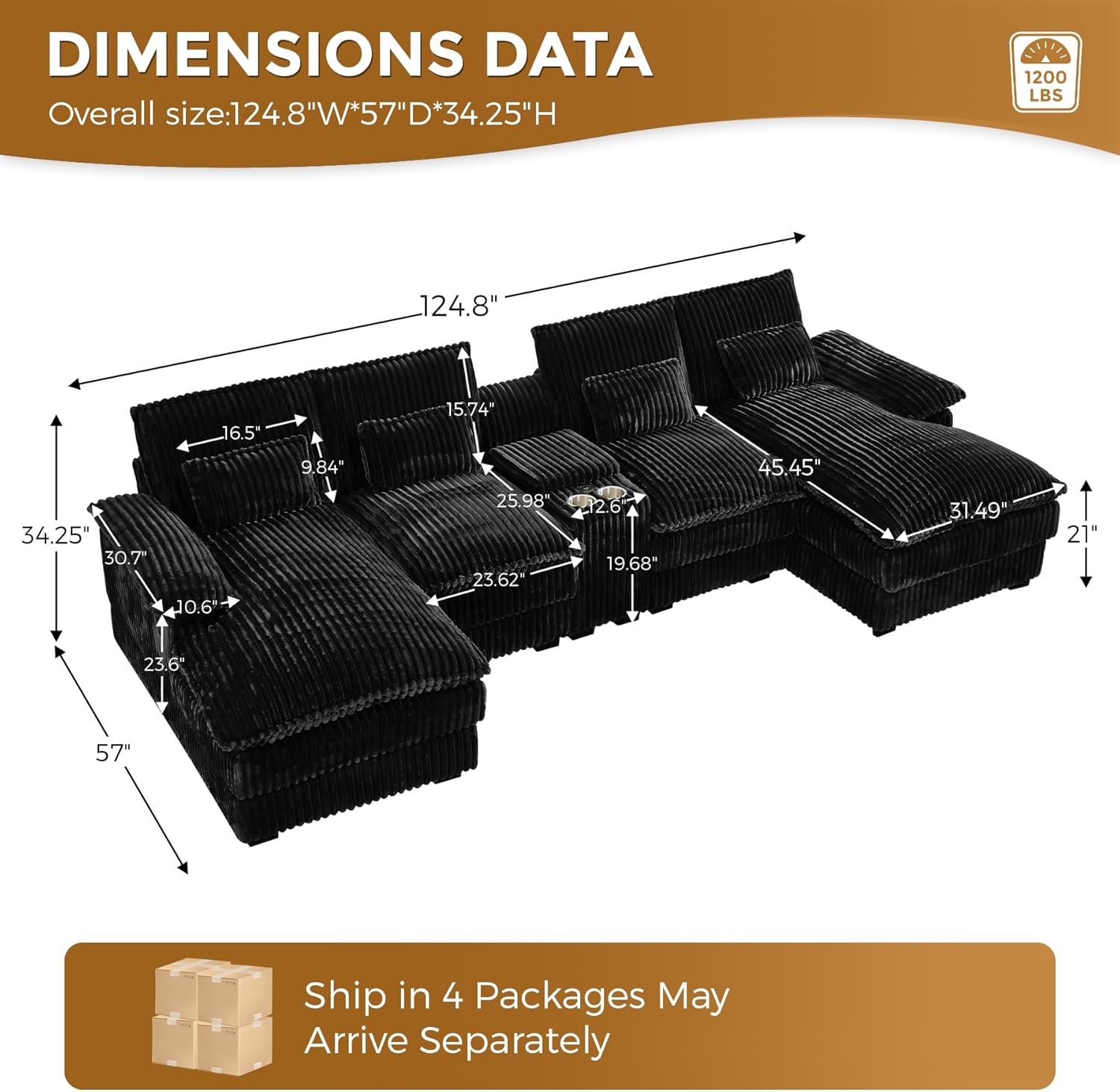 HYJT-H&K 124" U Shaped Cloud Couch Sectional, Comfy Fluffy Plush Corduroy Black Sectional Couches for Living Room, Modern Modular Corduroy Couch Sectionals with Central Console & Double Chaise Lounge 124" Black