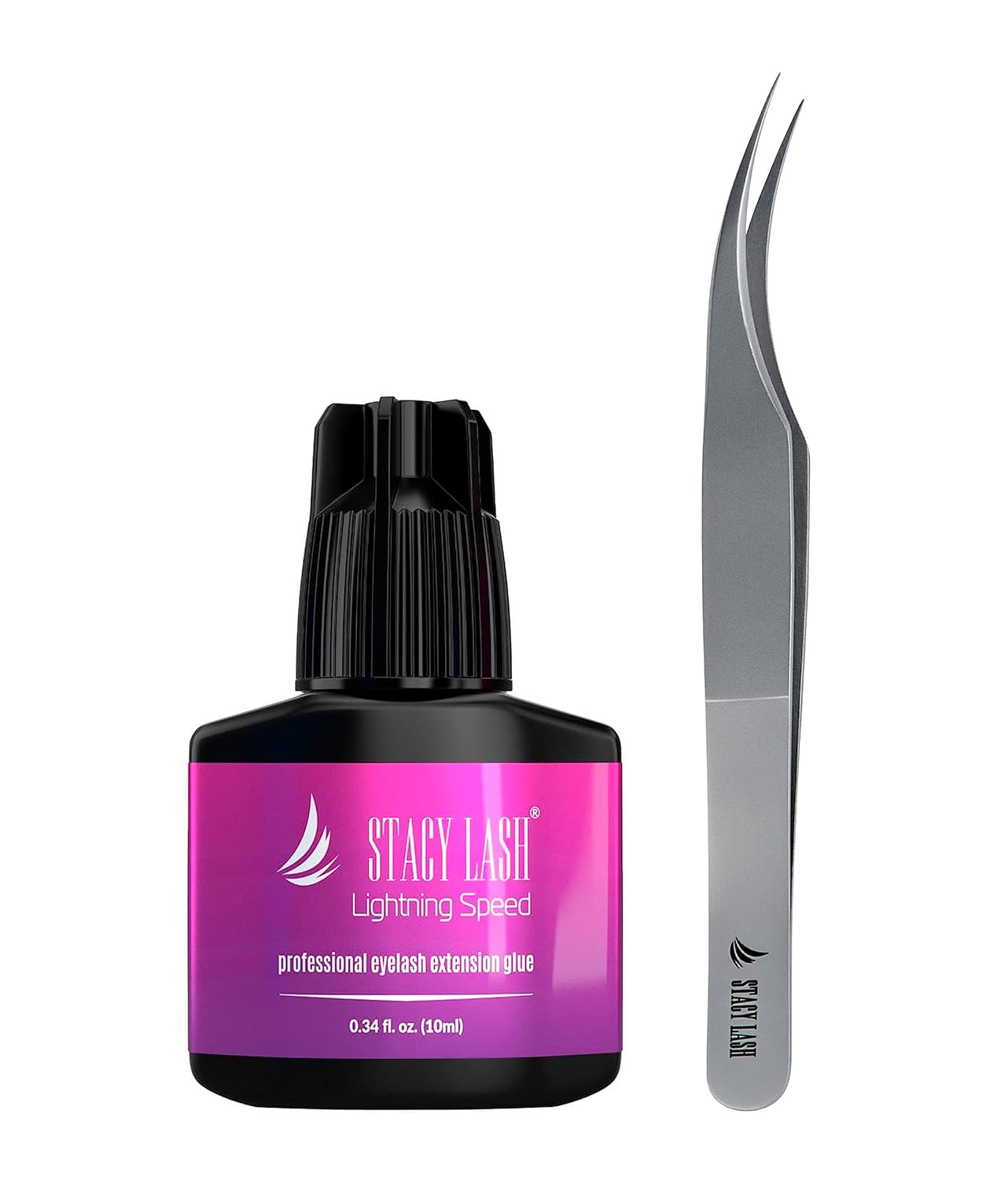 Lightning Speed Eyelash Extension Glue 10ml & STL-1 Isolation Tweezers - Stacy Lash/Black Adhesive 0.3Sec Drying Time/Retention 6-8 Weeks/Precision Stainless Steel Tool/Professional Supplies