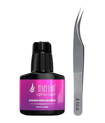 Lightning Speed Eyelash Extension Glue 10ml & STL-1 Isolation Tweezers - Stacy Lash/Black Adhesive 0.3Sec Drying Time/Retention 6-8 Weeks/Precision Stainless Steel Tool/Professional Supplies