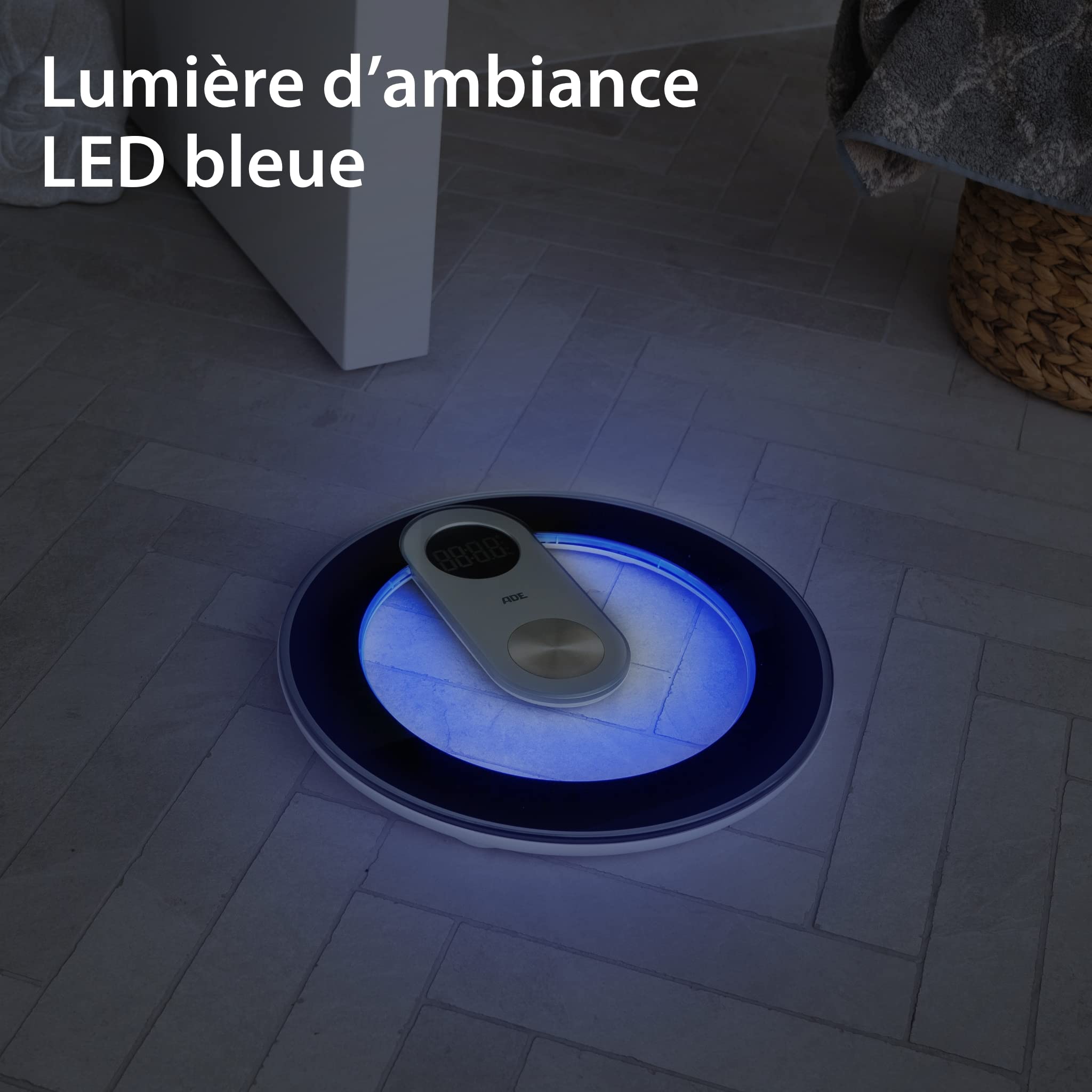 ADE Pèse-personne numérique en verre | résultats très précis | éclairage LED bleu stylé | écran LED | corps rond sans coins ni bords | jusqu'à 180 kg