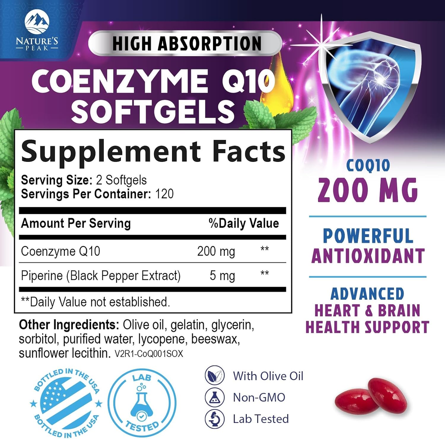 CoQ10 Softgels - Ultra High Absorption Coenzyme Q10 200mg Per Serving - Co Q 10 Softgel Supplement With Black Pepper, Energy & Heart Support Antioxidant - for Women & Men, Bottled USA - 240 Softgels