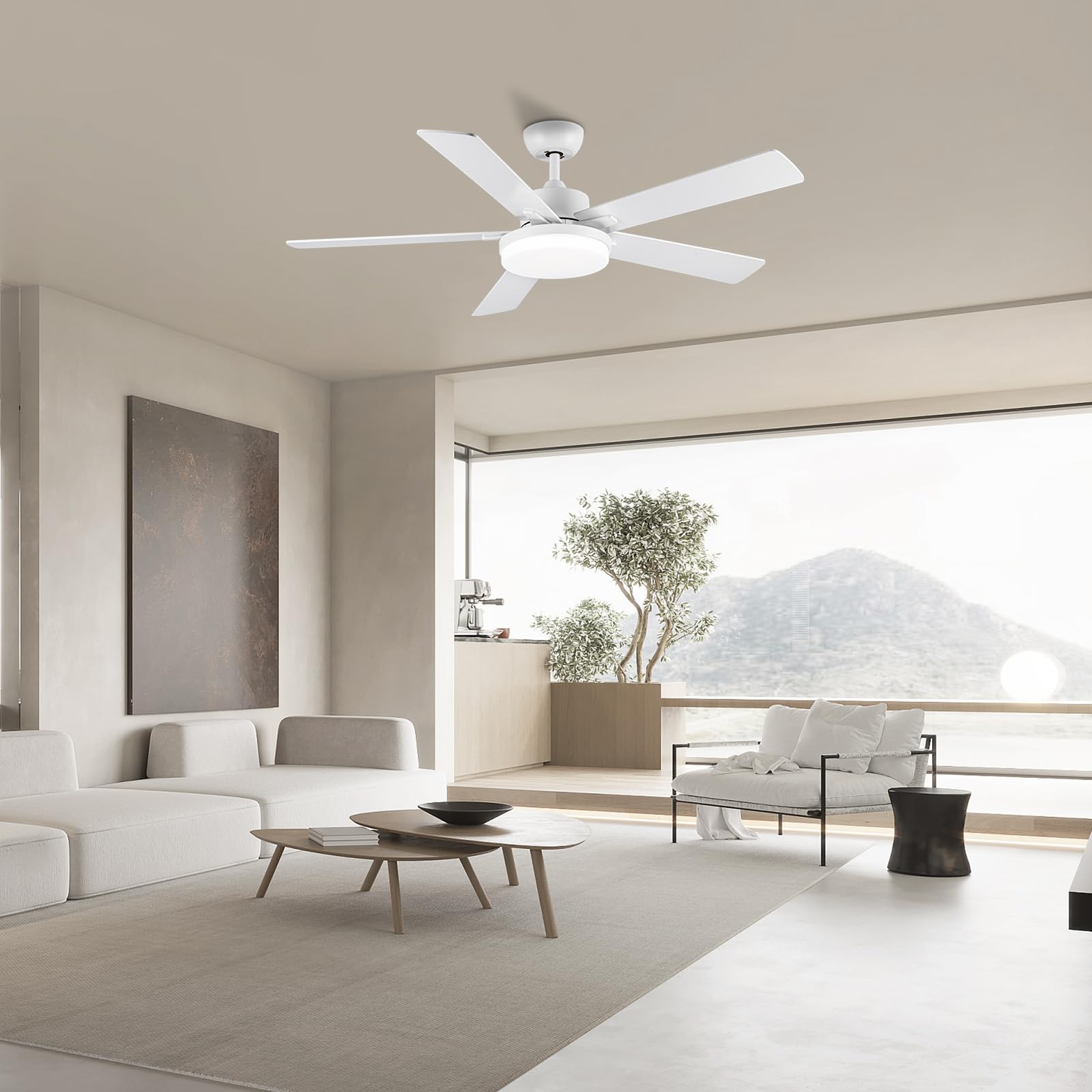 Newday 132cm Ventilatore da Soffitto Bianco, Ventilatore da Soffitto con Luce e Telecomando Réversible, 5 Pale da Soffitto con Luce Dimmerabile, per Soggiorno Camera da Letto Cucina Terrazza