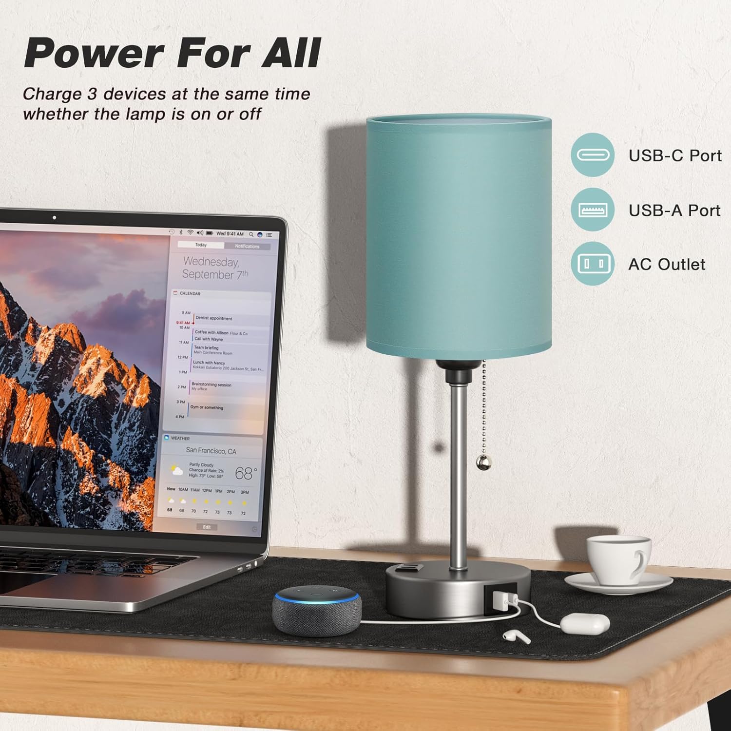 Dicoool Teal Bedside Lamp for Nightstand - 3 Color Temperature Table Lamp with USB C and A Ports, Pull Chain Lamp for Bedroom with AC Outlet, Coastal Desk Lamp with Silver Metal Base for Kids Girls