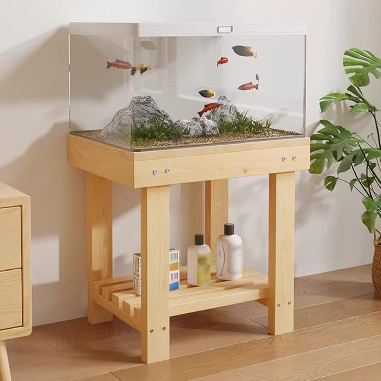 Double-Layer Aquarium Stand, Heavy-Duty Wooden Aquarium Rack, Multi-Purpose Reptile Tank Base, Suitable for Indoor Home/Garden Storage(40x40xH48cm/15.7x15.7xH18.9in)
