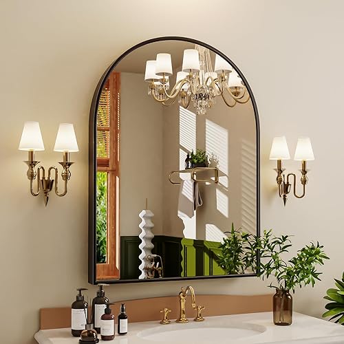 Fixelat Black Arched Mirror 16"x28", Arch Bathroom Mirror for Over Sink, Metal Framed Wall Vanity Mirror, Wall-Mounted Hallway Entryway Mirror for Living Room Above Fireplace Dresser Nightstand