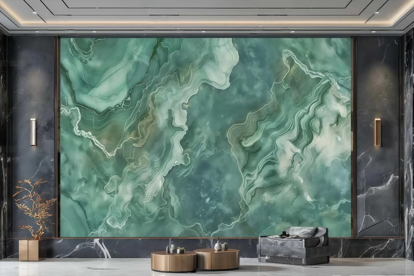Tapeta Nowoczesna Minimalistyczna Oliwkowa Sztuka Falista Tłoczenie Skały Jasnozielony Marmurowy Wzór TV Sofa Tło Ściana Tapeta Salon Restauracja Kawiarnia Mural, 3D, 250 x 175 cm