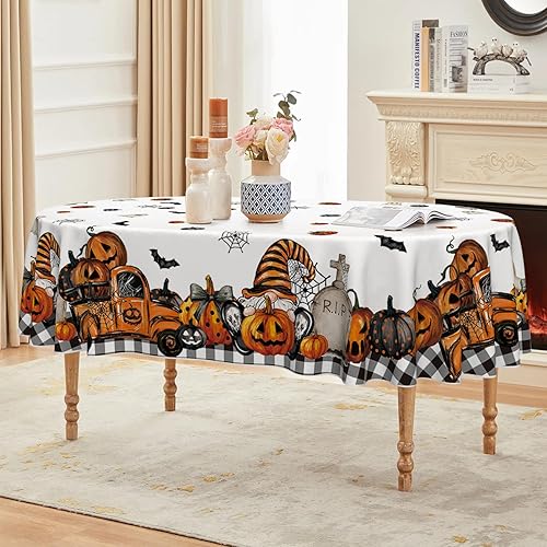 Miniatura 8 de Horaldaily Mantel redondo de Halloween de 70 x 70 pulgadas, diseño de calabaza fantasma, lavable, para decoración de fiestas, pícnic, cenas
