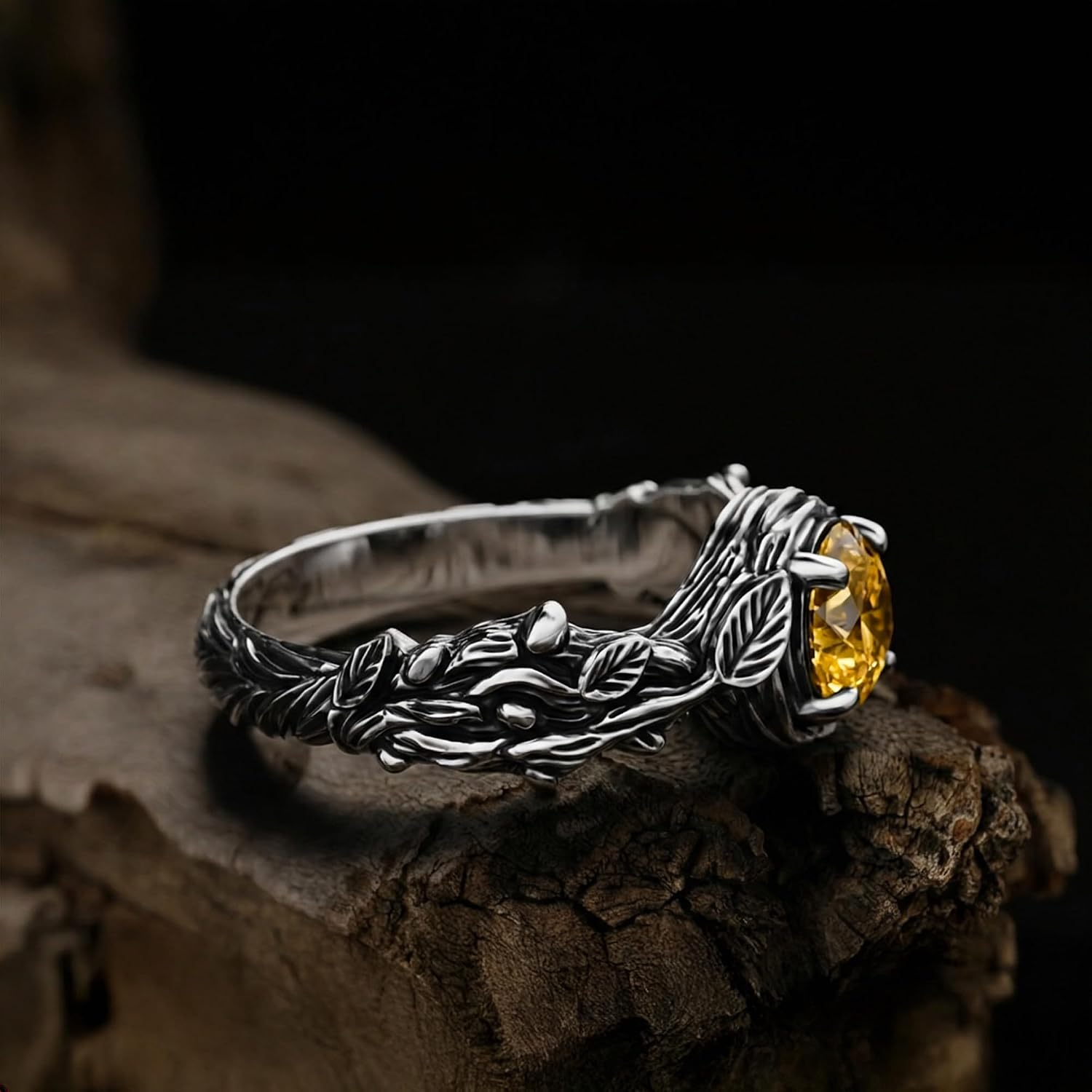 November Birthstone Yellow Zircon Ring for Women, 925 Sterling Silver Floral Leaf Vine Ring, Elegant Promise Ring, Romantic Birthday Gift for Her, Anniversary Jewelry, Minimalist Stackable Ring