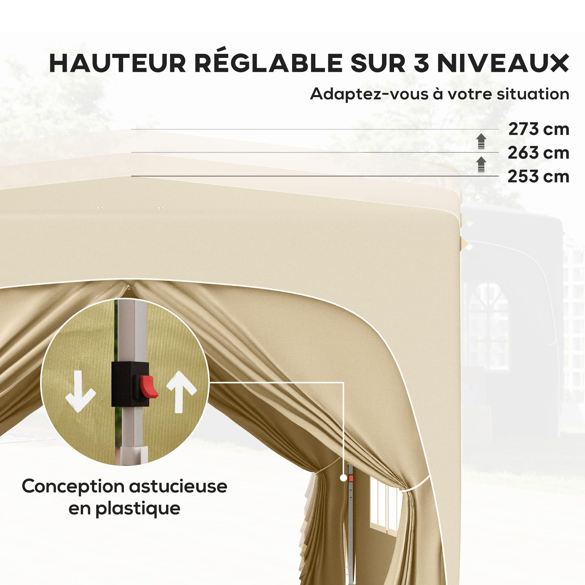 Outsunny Tonnelle de Jardin Exterieur 3 x 3 m Pop Up Pliante Sable | Hauteur Réglable, Sac de Transport Inclus, Protection UPF50+, Barnum Pliant, Camping, Festival, Patio