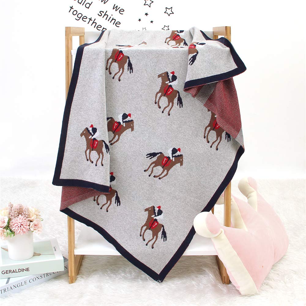 Baby Blanket Knit Toddler Blankets, Ouduo Cute Newborn Soft Touch Swaddle Sleeping Crochet Throw Blanket for Boys Girls Unisex Gift Cot Car Seat Stroller Swaddle Blanket (100 * 80cm,Grey Horse)