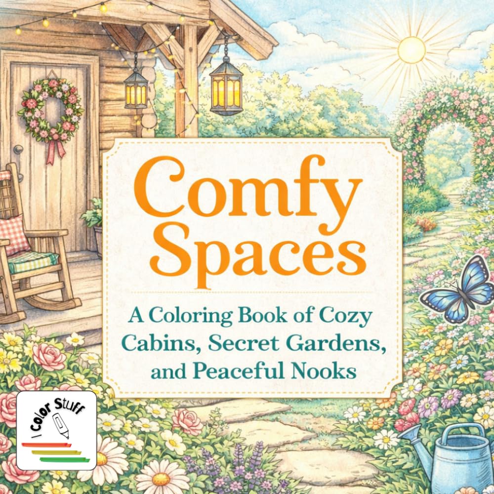 I Color Stuff: Comfy Spaces: A Coloring Book of Cozy Cabins, Secret Gardens, and Peaceful Nooks (I Color Stuff: Coloring Books for Kids & Adults)