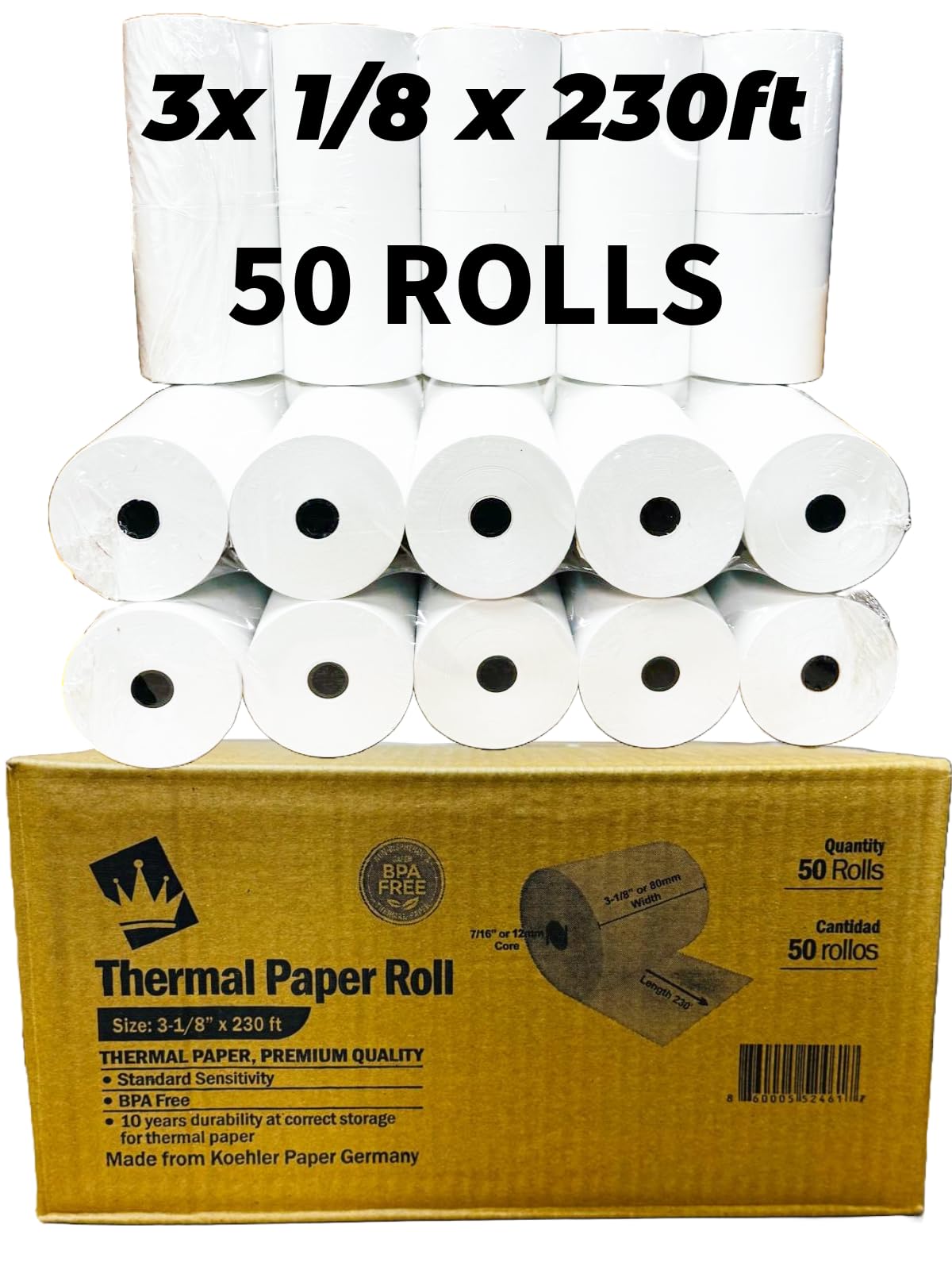 [Made In Germany] 3 1/8 x 230 Premium Thermal Paper Receipt Rolls, [29.5 Pounds], 50 Rolls, Fits All POS Cash Registers,BPA Free,FSC - KralImports