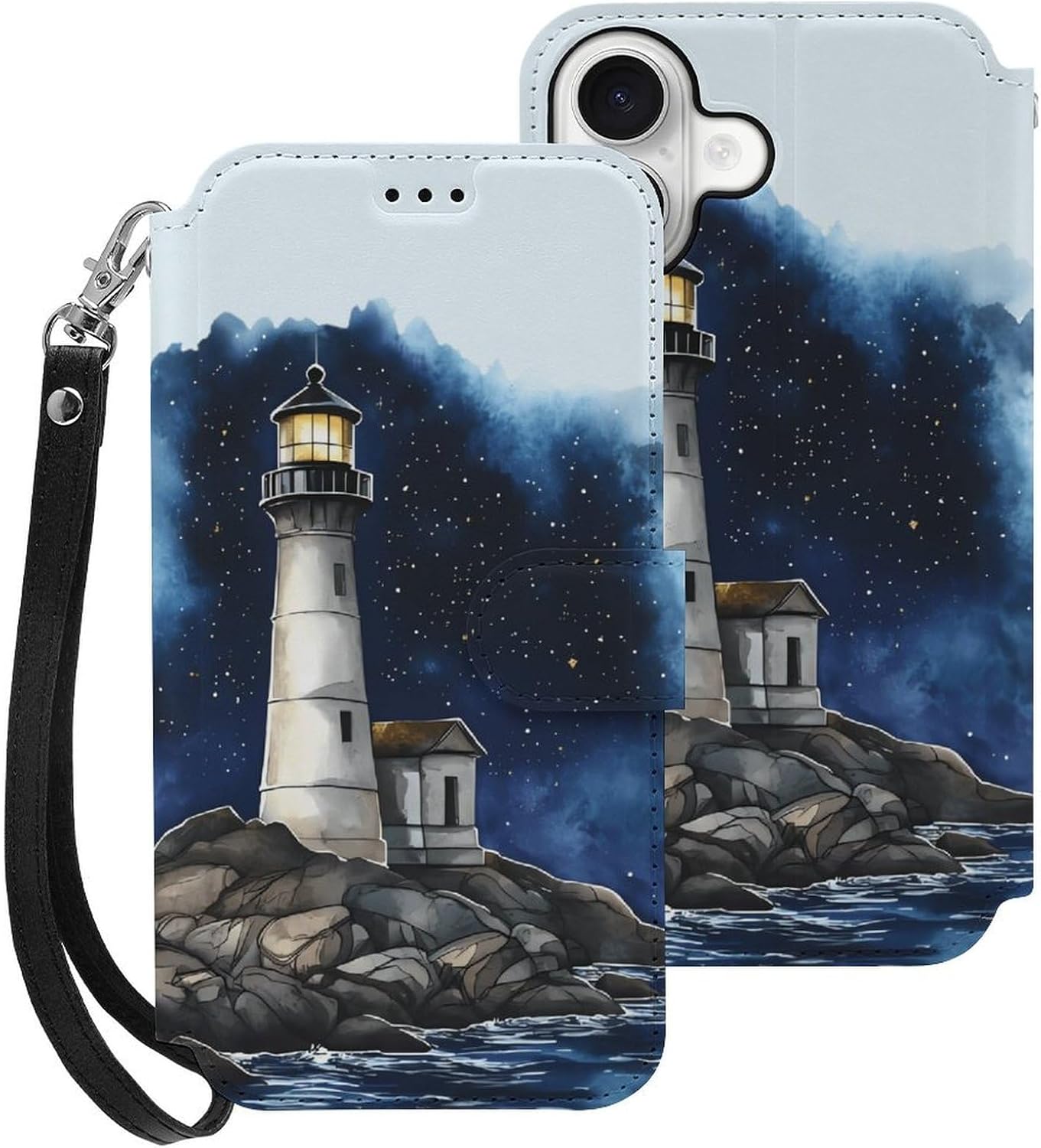 Lighthouse Starry Sky Compatible with iPhone 16/16 Plus/16 Pro/16 Pro Max/16 E Case Phone Wallet Card Holder Flip Cover with Wrist Strap