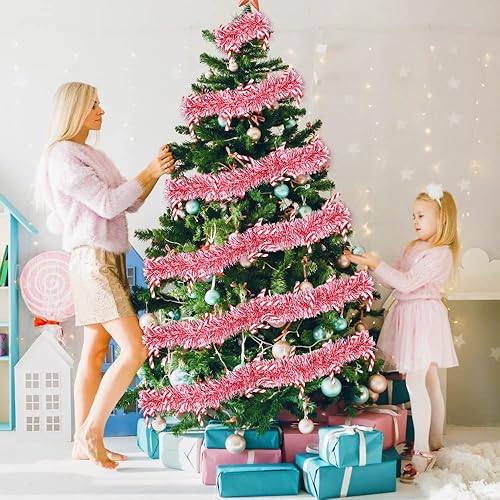 Miniatura 7 de XIMISHOP 5pcs 33ft Christmas Tinsel Garlands, Shiny Red White Candy Cane Hanging Indoor/Outdoor Decorations for Holidays, Parties & Valentine's Day