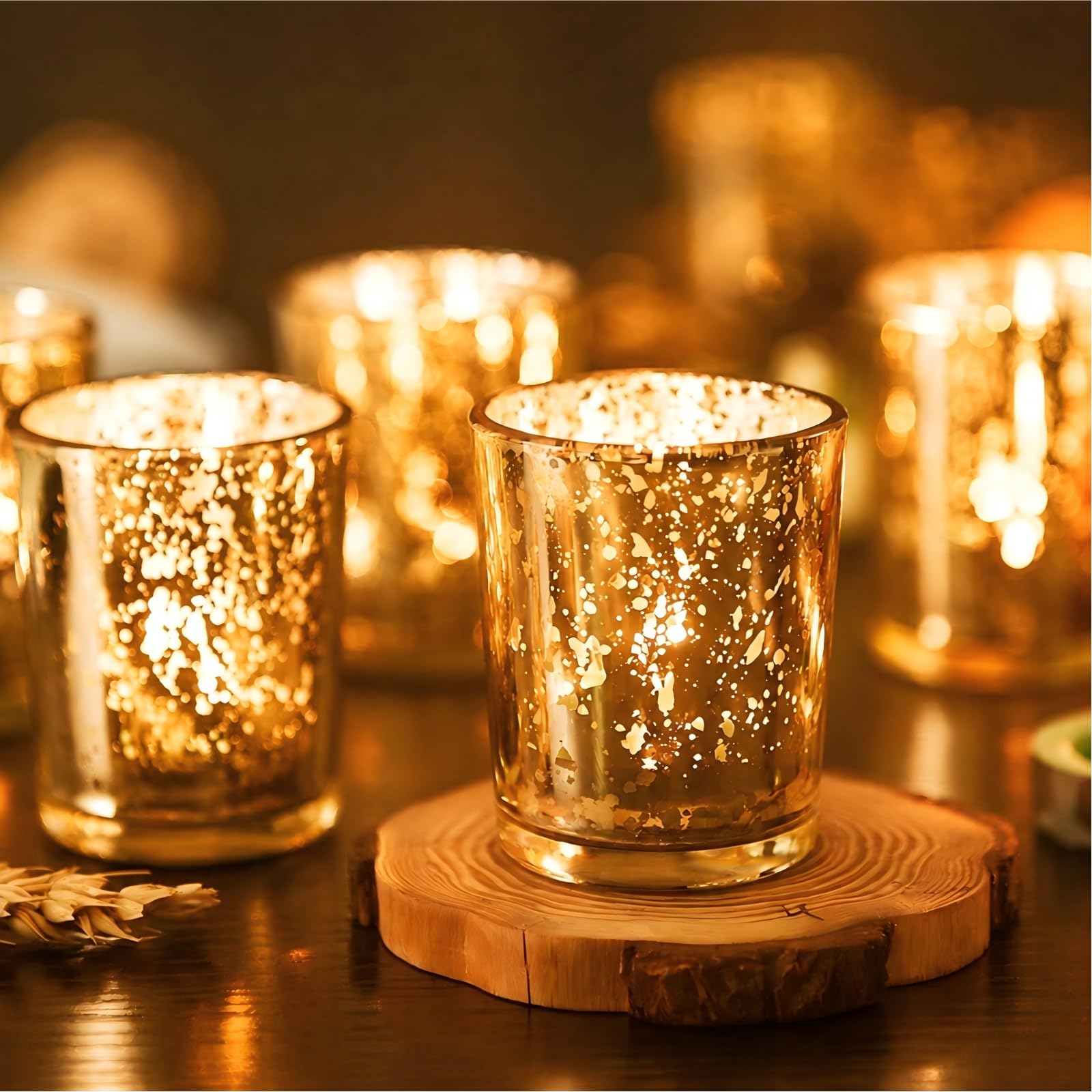 Bougeoirs Doré en Verre au Mercure, Lot de 12 Photophores pour Décoration Mariage