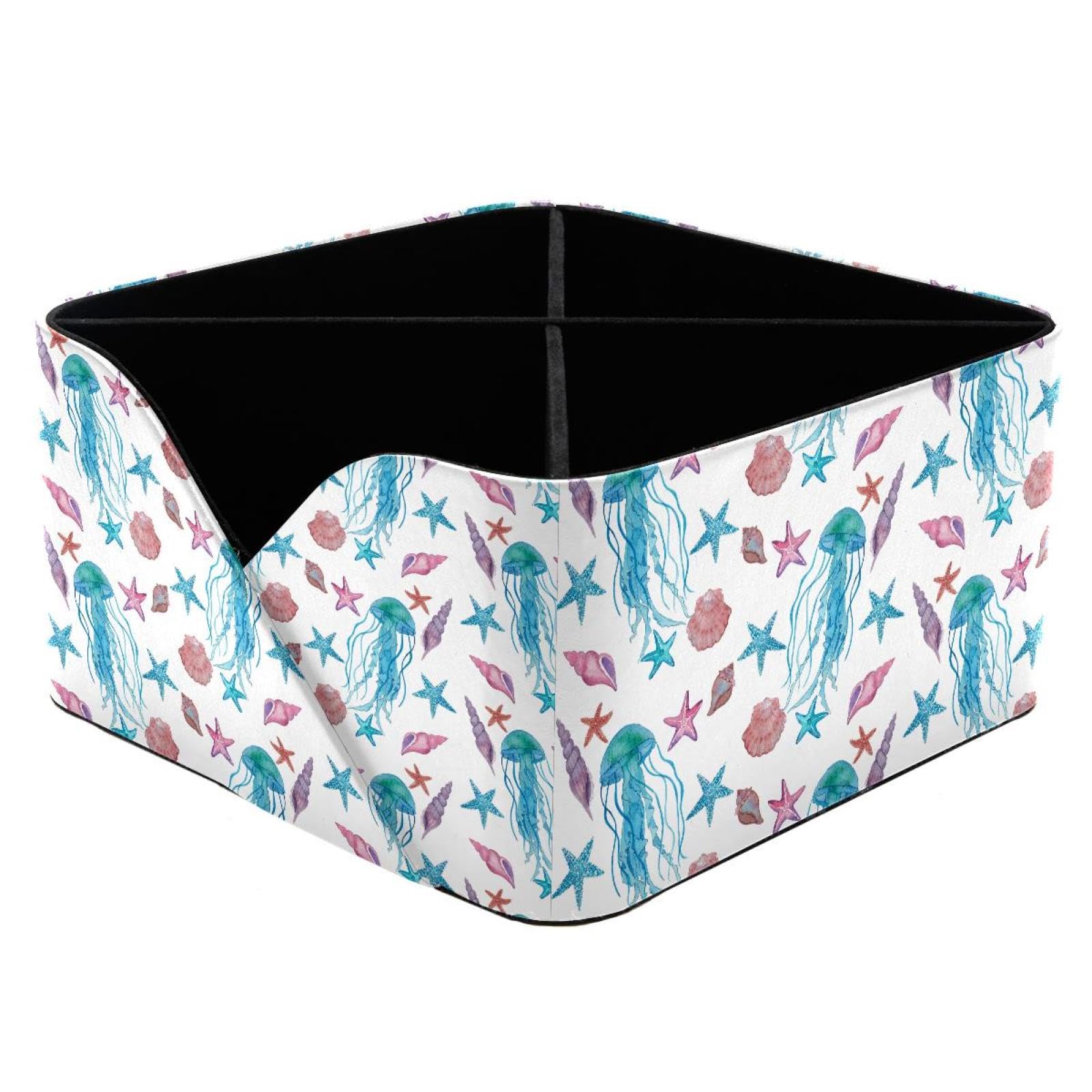 KengjuTesu Watercolor Blue Jellyfish and Sea Shells Pattern Desktop Organizer Pen Holder, Rectangular Pencil Cup for Office, Study and Makeup Stations