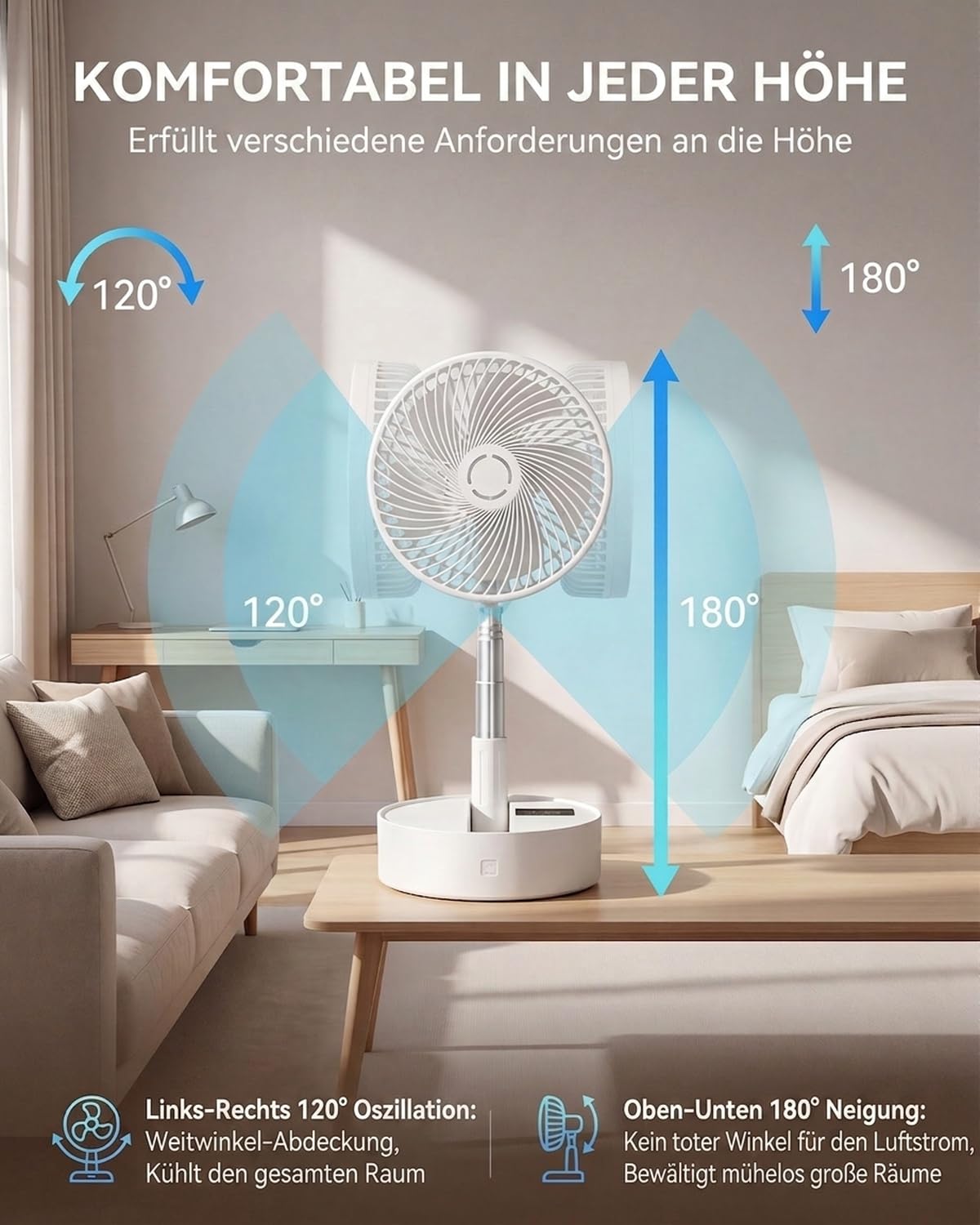 Leise 8" Tragbarer Standventilator mit Fernbedienung, 8000mAh Akku Aufladbar USB C Tischventilator, 5 Geschwindigkeitsstufen, 90°/120°-Oszillation, 1–8-Stunden-Timer, Ventilator für Schlafzimmer