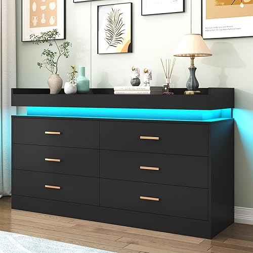 6 Drawer Dresser with LED Light and Charging Station, Modern Chest of Drawers for Closet, Wide Drawer Organizer Cabinet for Bedroom, Living Room, Entryway, Hallway(Black)